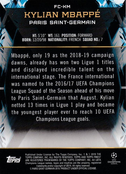 2018-19 Topps Finest UEFA Champions League Kylian Mbappe Paris Saint-Germain Finest Cornerstones trading card