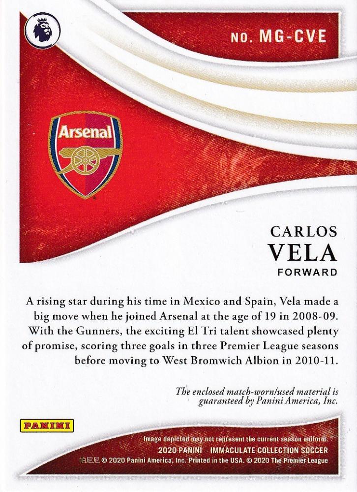 2020 Panini Immaculate Collection Arsenal Carlos Vela Magnificent Memorabilia card numbered 42 out of 99