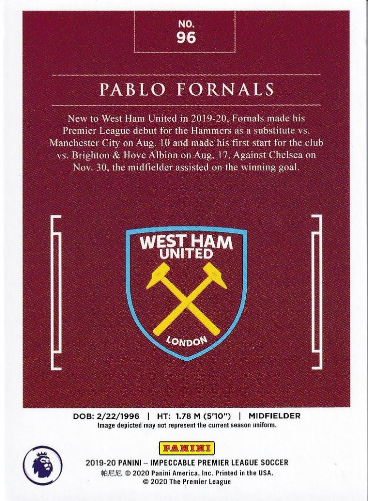 2019-20 Panini Impeccable Premier League West Ham United Pablo Fornals Base Gold card serial number 11 of 20