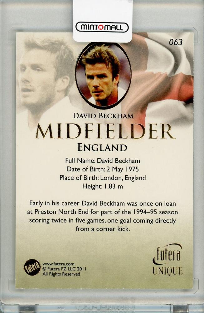 2011 Futera Unique David Beckham trading card number 063 featuring the soccer legend