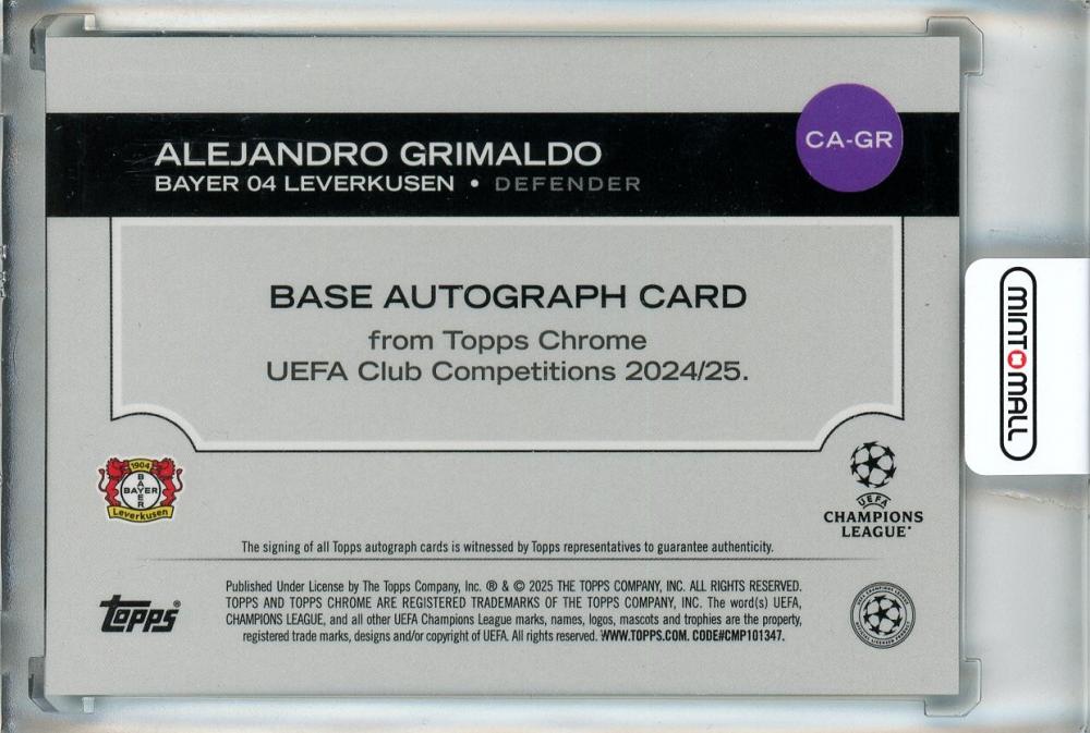 2024-25 Topps Chrome UEFA Club Competitions Alejandro Grimaldo Autographs Aqua Refractors #CAGR033/199 Bayer 04 Leverkusen