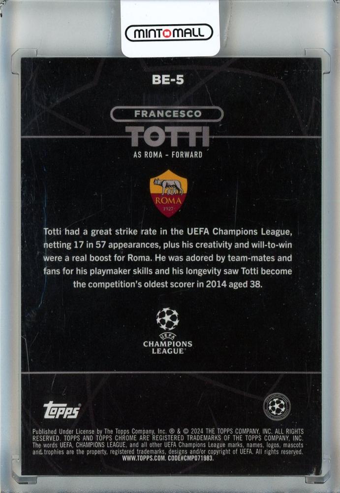 2023-24 Topps Chrome UEFA Club Competitions Francesco Totti Shadow Etch Orange Refractors #BE5 Youren Back Difficult 15/25 AS Roma