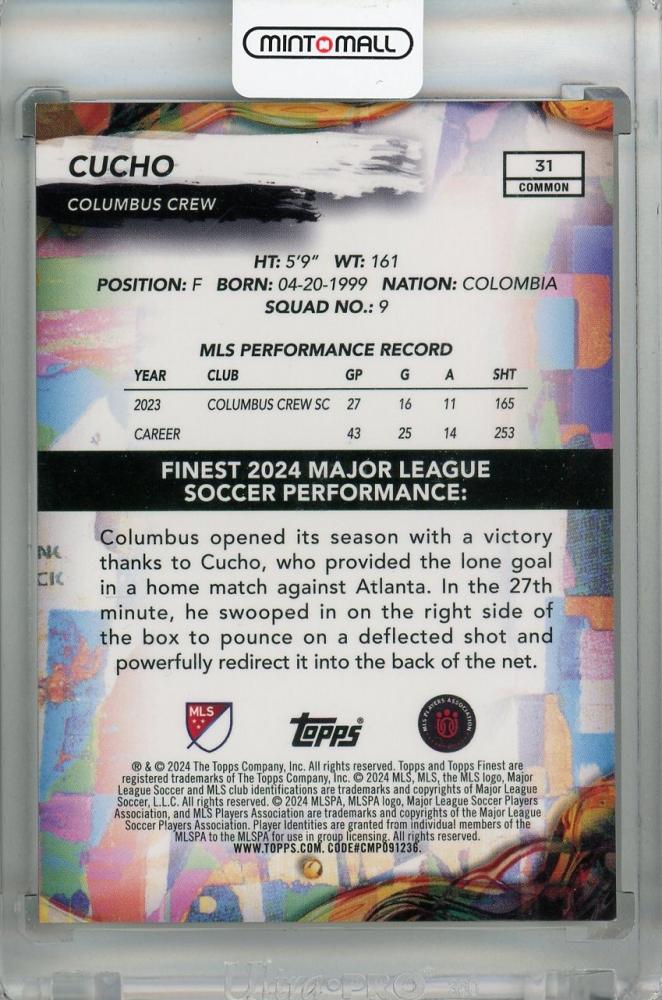 2024 Topps Finest MLS Cucho Common Gold Refractor #3173/75 Columbus Crew