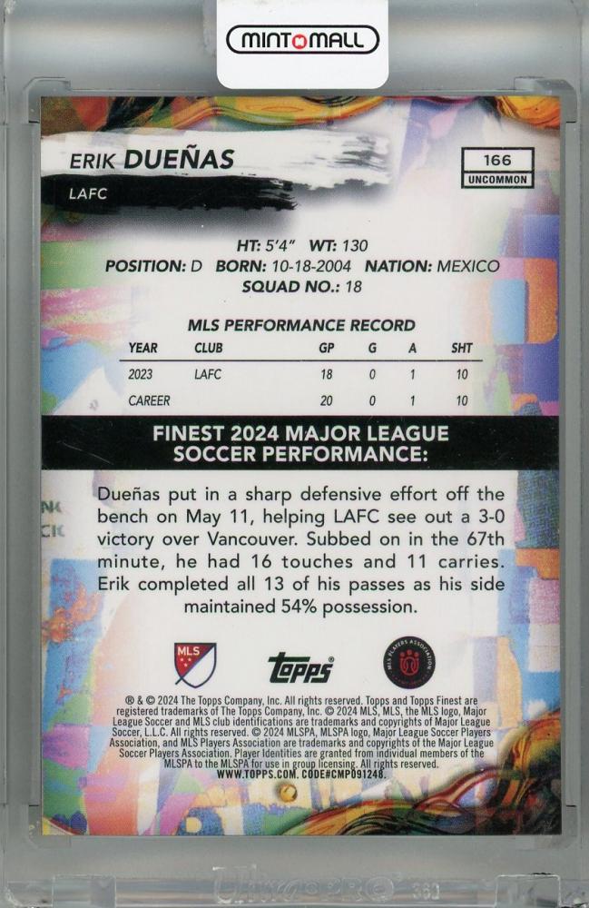 2024 Topps Finest MLS Erik Duenas Uncommon Gold Refractor #166 RC12/50 LAFC RC