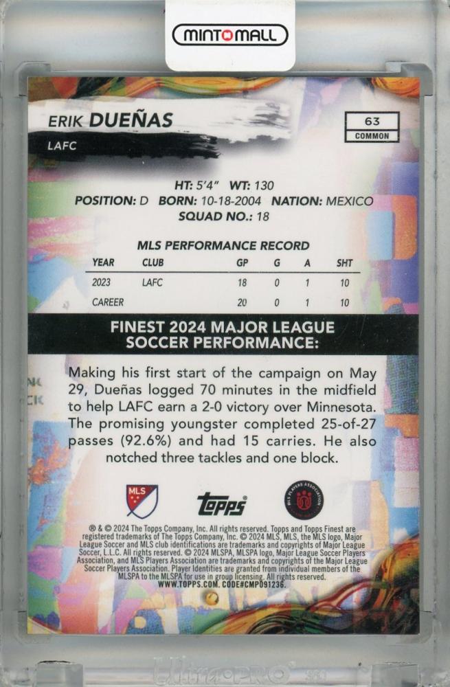 2024 Topps Finest MLS Erik Duenas Common Black Refractor #63 RC15/25 LAFC RC