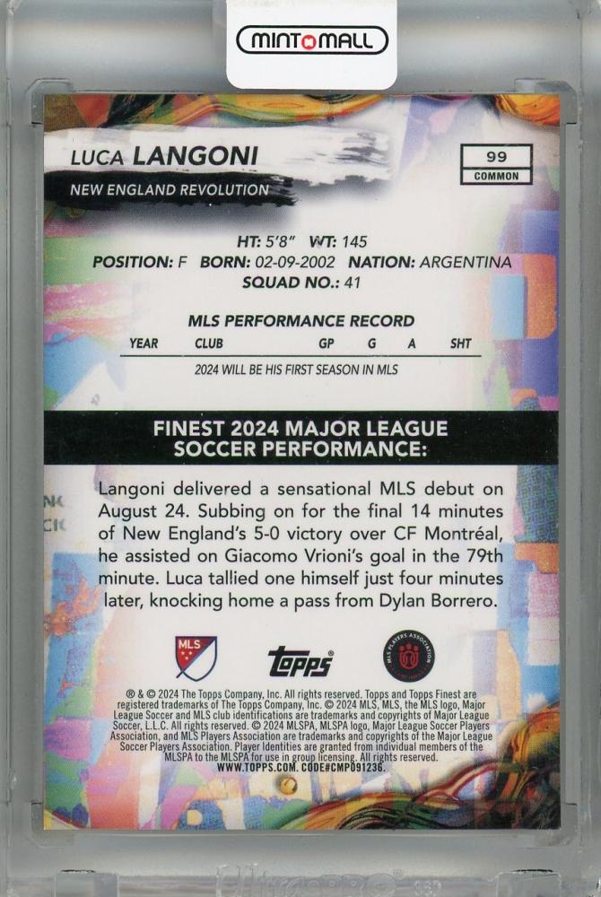 2024 Topps Finest MLS Luca Langoni Common Red Refractor #99 RC03/10 New England Revolution