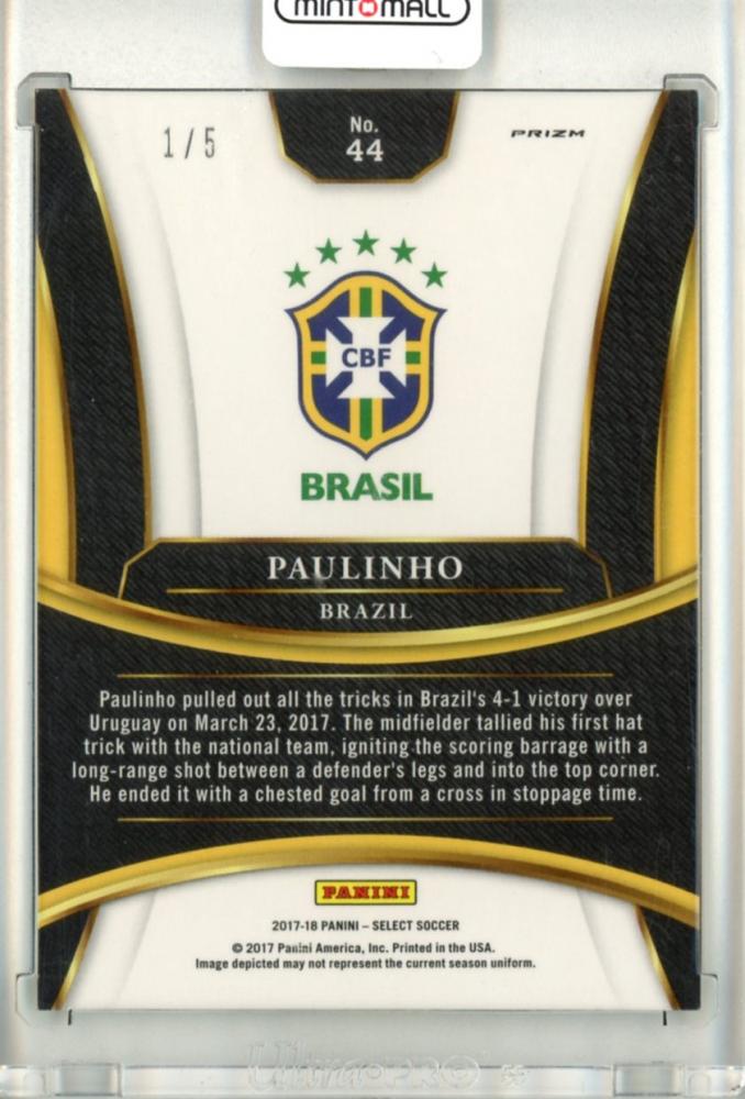 2017-18 Panini Select Soccer card of Paulinho featuring green parallels and serial number 44