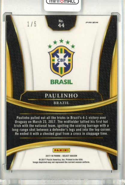 2017-18 Panini Select Soccer card of Paulinho featuring green parallels and serial number 44