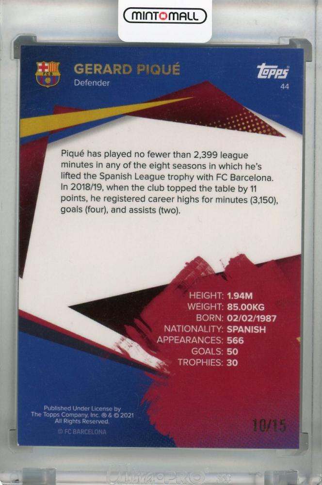 2021-22 Topps FC Barcelona Team Set Gerard Pique Title Winners Purple parallel card serial 10 of 15