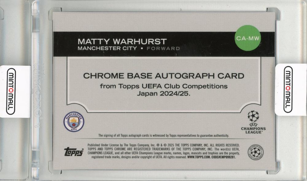 2024-25 TOPPS UEFA Club Competitions Japan Edition Matty Warhurst Chrome Base Autograph #CAMW238/299 Manchester City