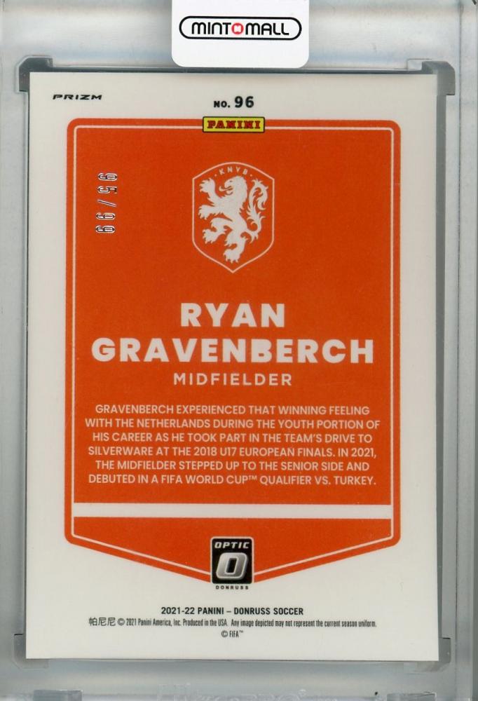 2021-22 Donruss Soccer Ryan Gravenberch Blue Parallel card 95 of 99 from Netherlands Road to Qatar series