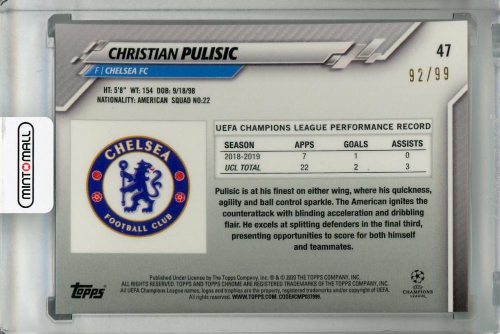 2019-20 Topps Chrome UEFA Champions League Chelsea FC Christian Pulisic Base Green card serial 92 of 99