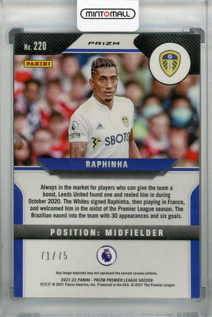 2021-22 Panini Prizm Premier League Leeds United Raphinha Base Blue Ice parallel card number 71 out of 75
