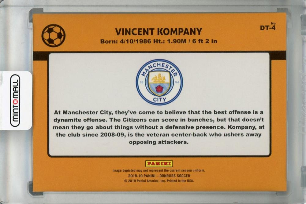 2018-19 Donruss Tribute Gold parallel Vincent Kompany Manchester City card serial numbered 08 out of 75