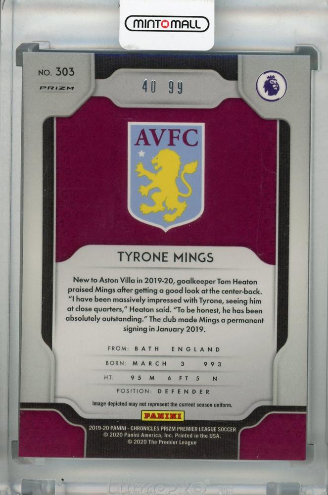 2019-20 Panini Chronicles Soccer Tyrone Mings Aston Villa Prizm Update Blue Ice parallel card 40 of 99
