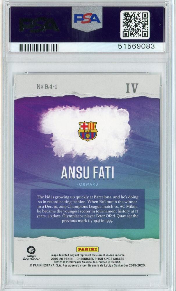 2019-20 Panini Chronicles FC Barcelona Ansu Fati Pitch Kings Rookies IV card graded PSA 8