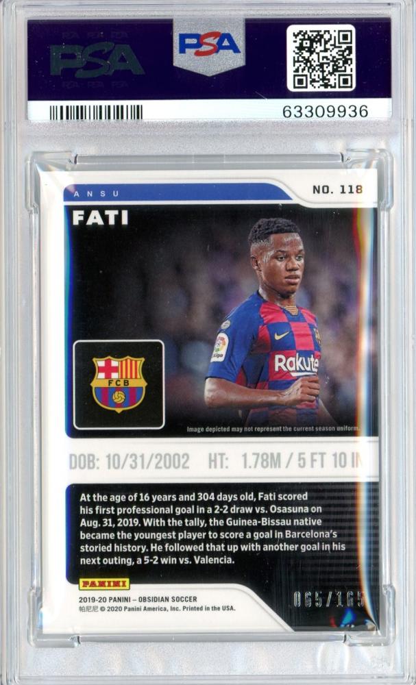 2019-20 Panini Obsidian FC Barcelona Ansu Fati rookie card PSA 9 numbered 065 of 165
