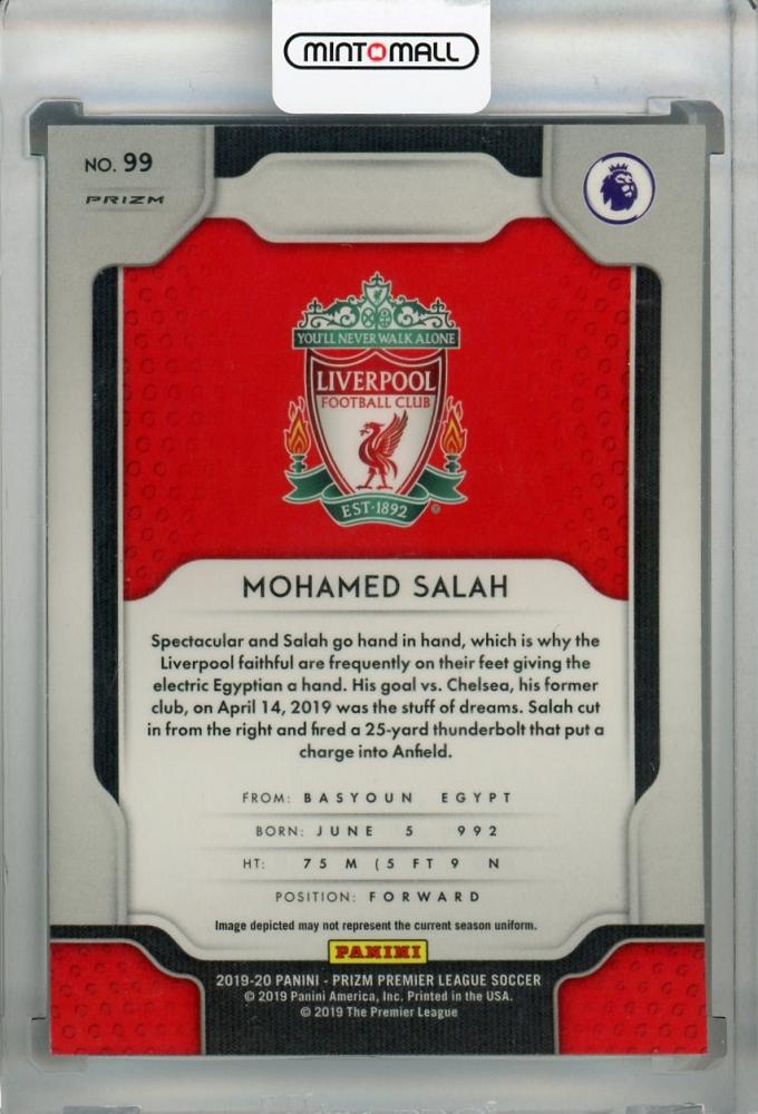 2019-20 Panini Prizm Premier League Liverpool FC Mohamed Salah base multicolor trading card with minor stain on back