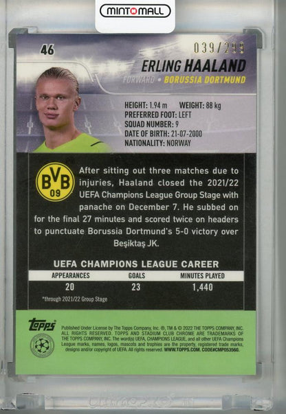 2021-22 Topps Stadium Club Chrome Borussia Dortmund Erling Haaland Black and White parallel card numbered 039 out of 299