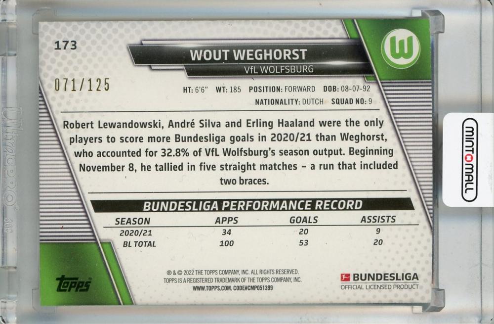 2021-22 Topps Bundesliga Wout Weghorst Fuchsia #173071/125 VfL WOLFSBURG