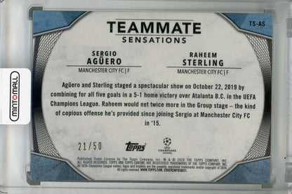 2019-20 Topps Chrome UEFA Champions League Gold Parallel card of Manchester City FC players Sergio Aguero and Raheem Sterling