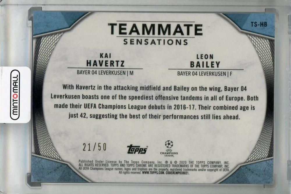 2019-20 Topps Chrome UEFA Champions League Bayer 04 Leverkusen card featuring Kai Havertz and Leon Bailey Teammate Sensations Gold 21/50