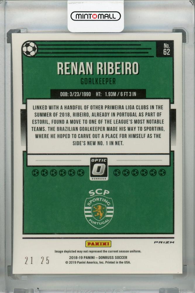 2018-19 Donruss Sporting CP Renan Ribeiro Black Velocity parallel trading card serial numbered 21 out of 25
