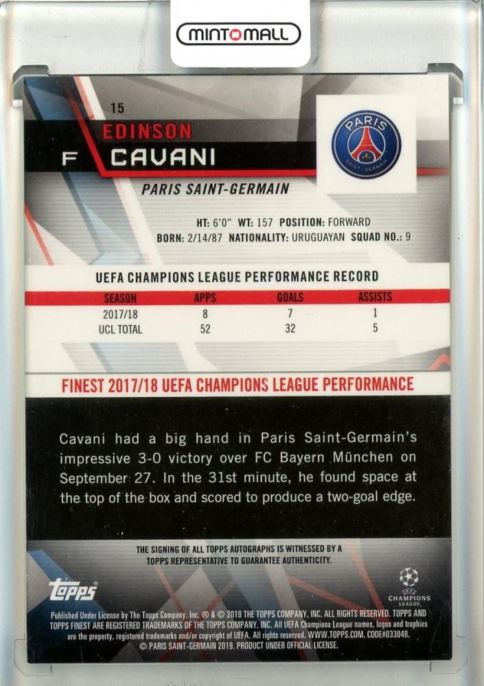 2018-19 Finest UEFA Champions League Edinson Cavani Autographs Green Refractors #1513/99 Paris Saint-Germain