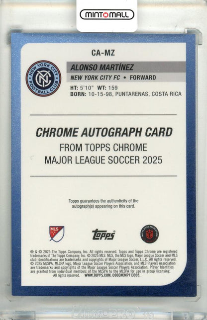 2025 Topps Chrome Major League Soccer Alonso Martinez #CA-MZ Chrome Autograph Blue Wave Parallel099/150 NewYork City