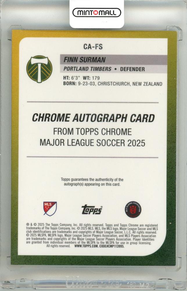 2025 Topps Chrome Major League Soccer Finn Surman #CA-FS Chrome Autograph Gold Wave Parallel13/50 Portland Timbers