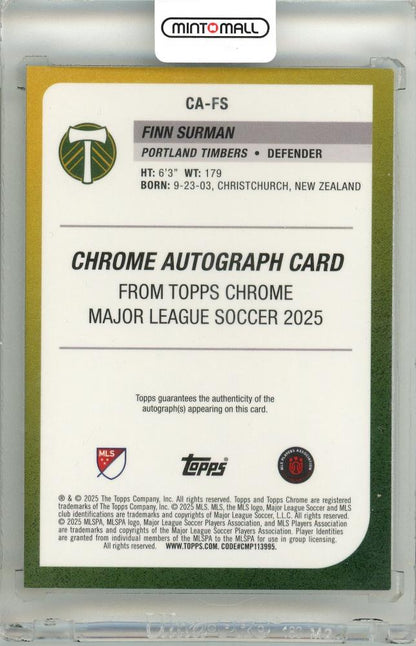 2025 Topps Chrome Major League Soccer Finn Surman #CA-FS Chrome Autograph Gold Wave Parallel13/50 Portland Timbers