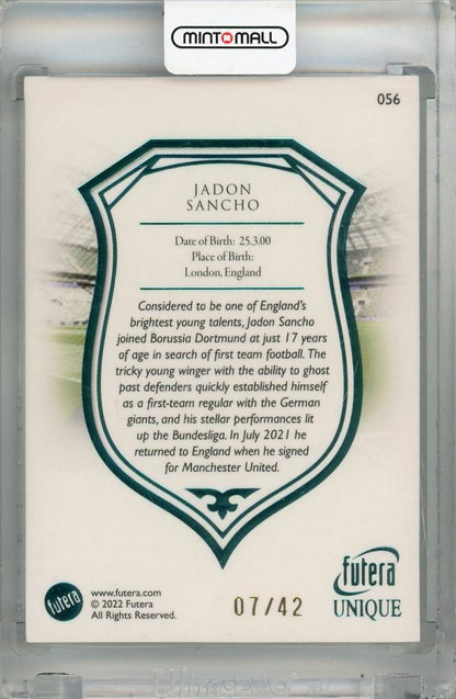 2022-23 Futera Unique World Football Jadon Sancho Midfielder Turquoise #5607/42 England