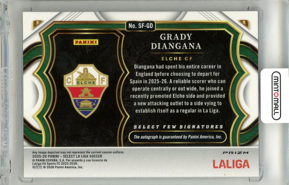 2025-26 Panini Select La Liga Grady Diangana #SF-GD Select Few Signatures La Liga Red Wave Parallel Elche CF