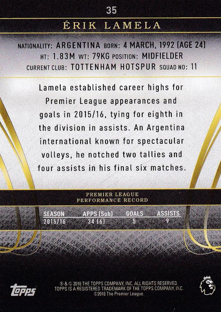 2016 Topps Premier Gold Red Parallel Erik Lamela trading card from Tottenham Hotspur serial numbered 06 of 11