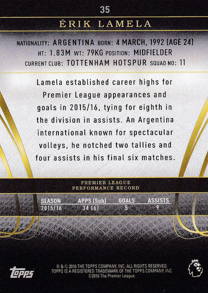 2016 Topps Premier Gold Red Parallel Erik Lamela trading card from Tottenham Hotspur serial numbered 06 of 11