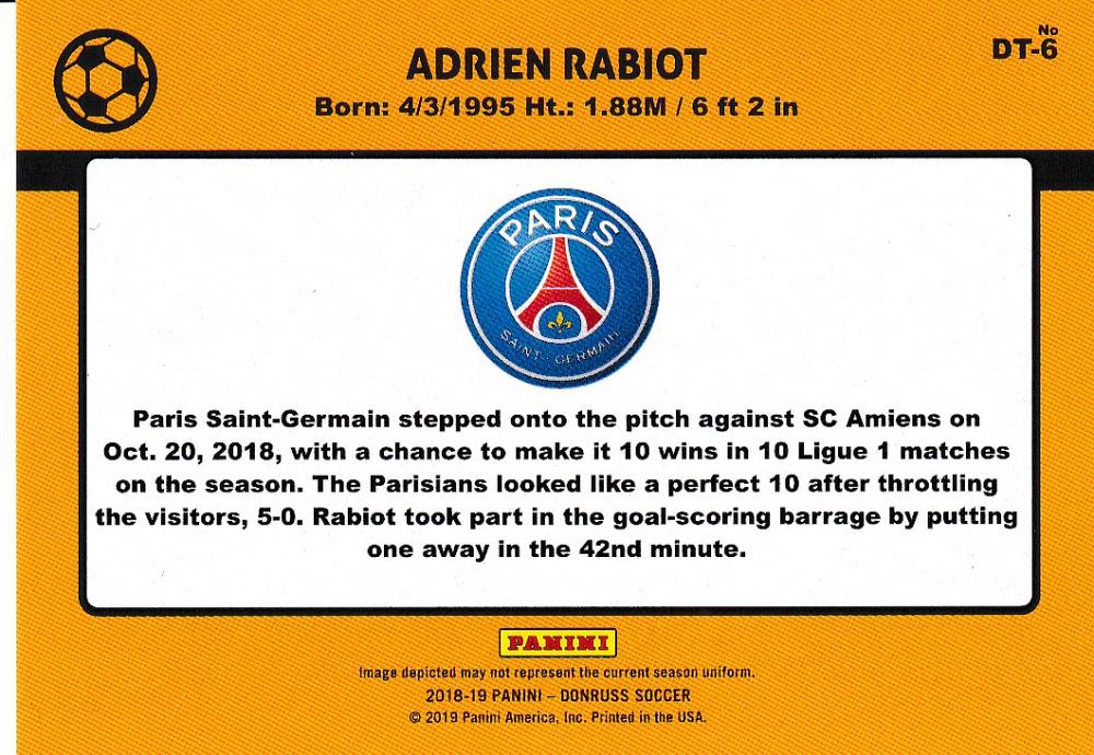 2018-19 Donruss Tribute Gold Adrien Rabiot Paris Saint-Germain trading card number 46 out of 75