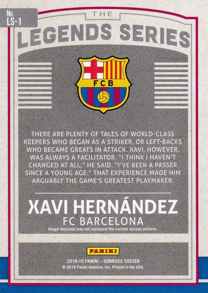 2018-19 Donruss FC Barcelona Xavi Hernandez Legends Series Gold parallel card numbered 13 out of 75