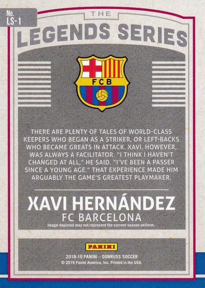 2018-19 Donruss FC Barcelona Xavi Hernandez Legends Series Gold parallel card numbered 13 out of 75