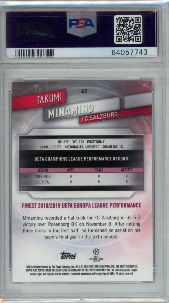 2019-20 Topps Champions League Finest Takumi Minamino GOLD REFRACTOR/#4247/50PSA8FC Red Bull Salzburg