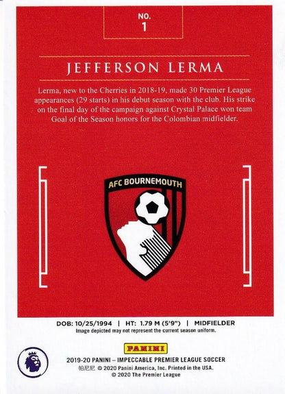2019-20 Panini Impeccable Premier League Jefferson Lerma AFC Bournemouth gold base trading card numbered 01 of 20