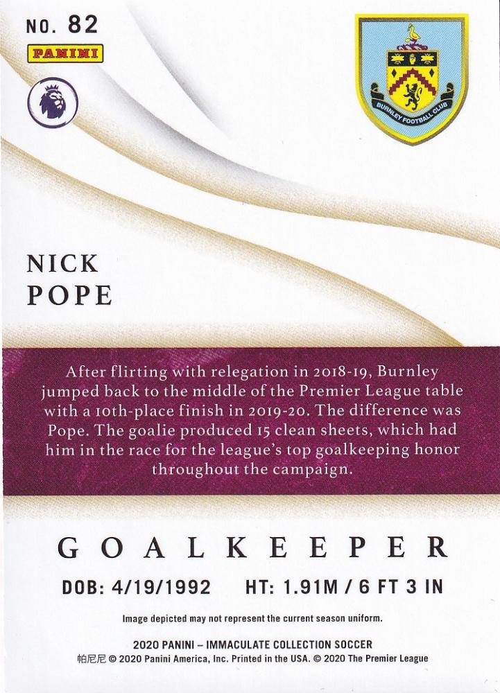 2020 Panini Immaculate Collection Burnley Nick Pope Base card numbered 27 out of 99