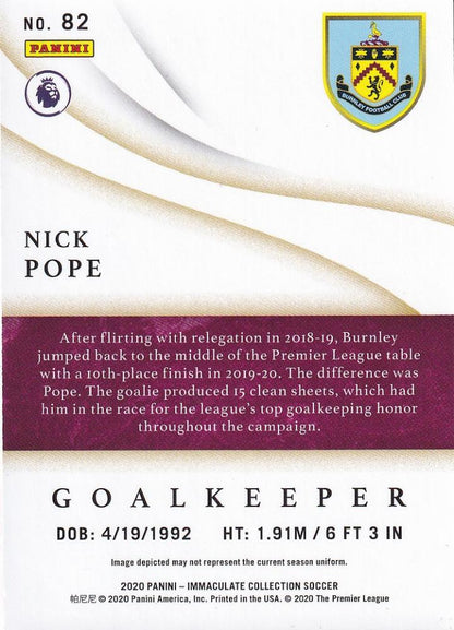 2020 Panini Immaculate Collection Burnley Nick Pope Base card numbered 27 out of 99