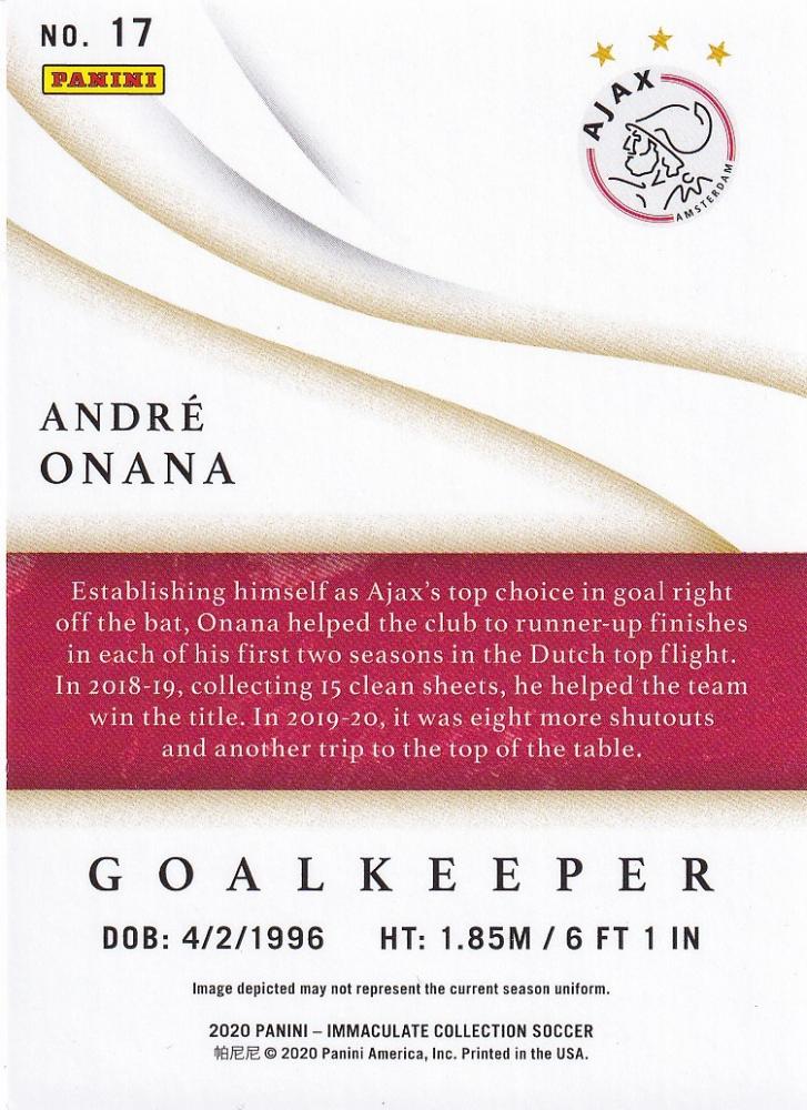 2020 Panini Immaculate Collection AFC Ajax Andre Onana Base Bronze parallel card numbered 19 of 50