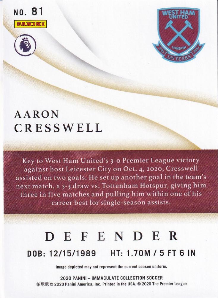 2020 Panini Immaculate Collection West Ham United Aaron Cresswell Base Sapphire Parallel card 06/25