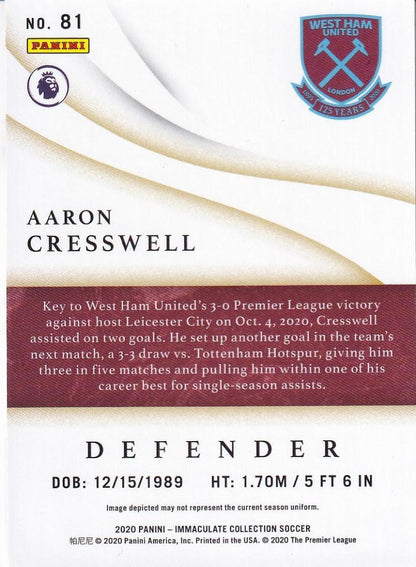 2020 Panini Immaculate Collection West Ham United Aaron Cresswell Base Sapphire Parallel card 06/25
