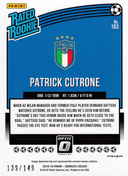 2018-19 Donruss Italy Patrick Cutrone Base Optic Rated Rookie Aqua parallel card serial 139/149