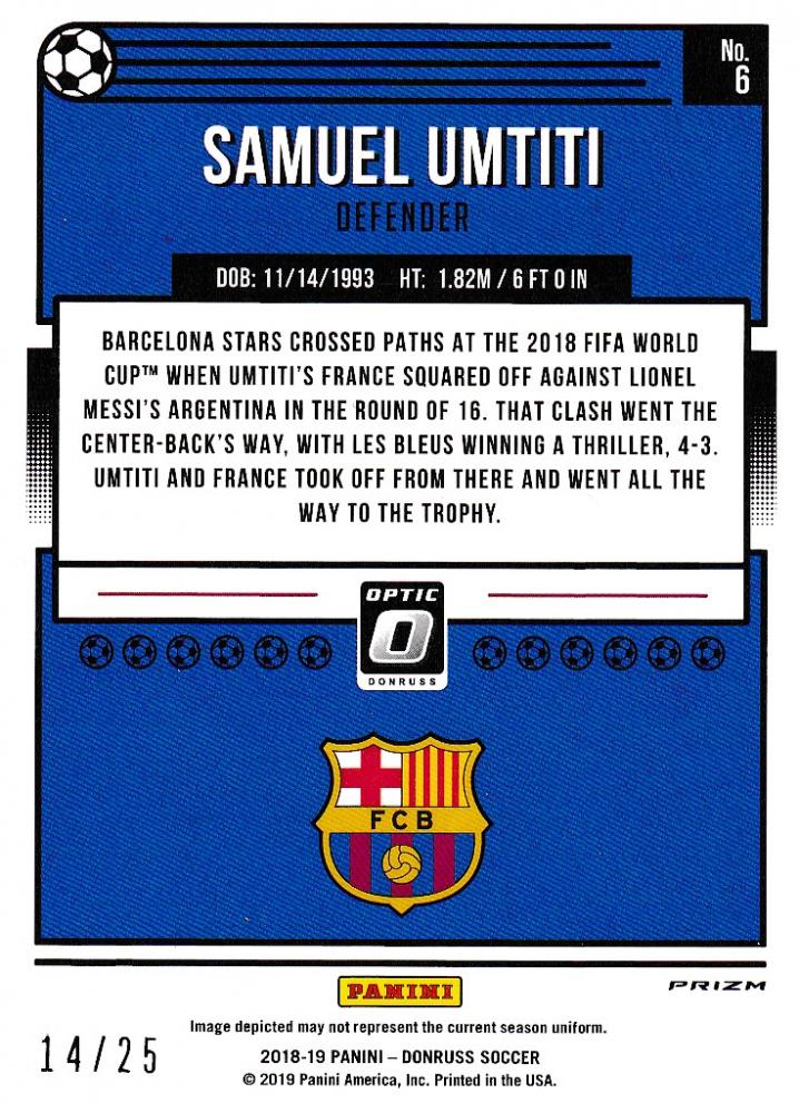 2018-19 Donruss FC Barcelona Samuel Umtiti Base Optic Black Velocity card numbered 14 of 25