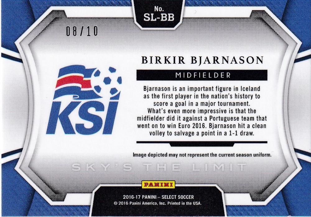 2016-17 Panini Select Iceland Birkir Bjarnason Sky’s the Limit Gold Parallel Edition card numbered 08/10