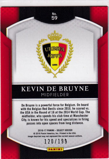2016-17 Select Kevin De Bruyne Prizm Red soccer card numbered 120 of 199 with serial number 59