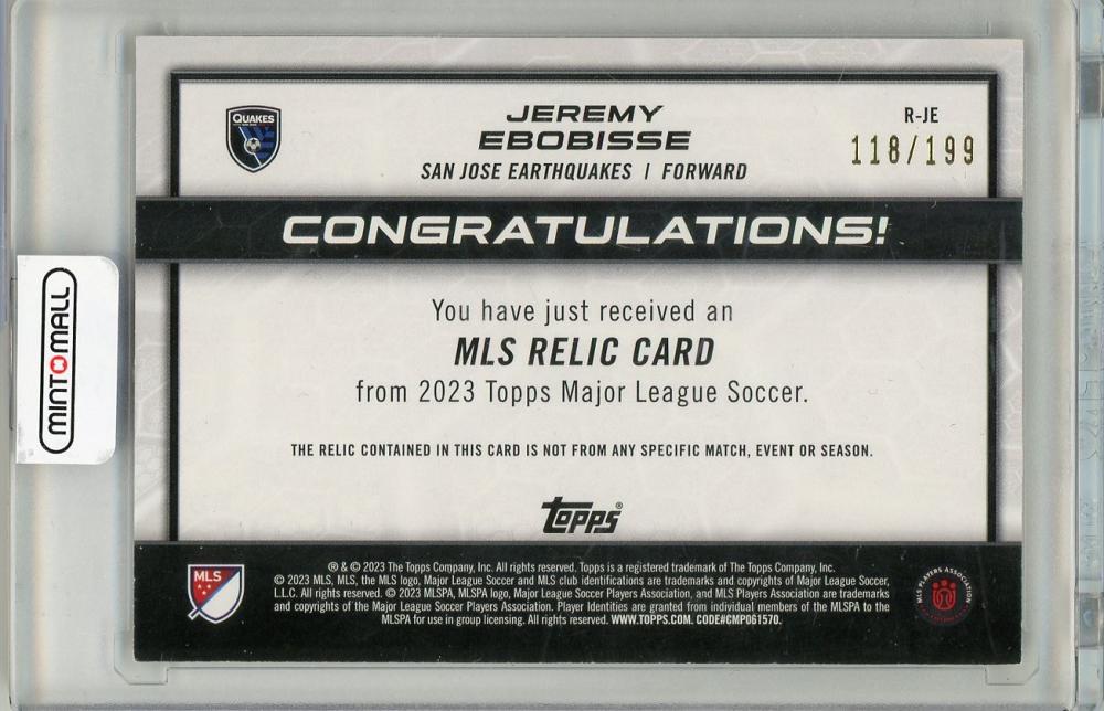 2023 TOPPS Jeremy Ebobisse AUTO118/199 San Jose Earthquakes